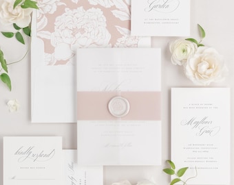 Nadia Vellum Wedding Invitations - Deposit - Script Invite, Timeless, Classic, Traditional, Elegant, Large Names, Ribbon, Blush, Pink, Rose