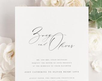 Zoey Wedding Invitations - Sample - Script Invite, Calligraphy, Large Names, Blue, Ribbon, Timeless, Classic, Greenery, Blue, Custom Styling