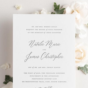 Natalie Letterpress Wedding Invitations Sample Script, Classic, Custom Styling, Timeless, Modern, Romantic, Ribbon, Vellum image 2