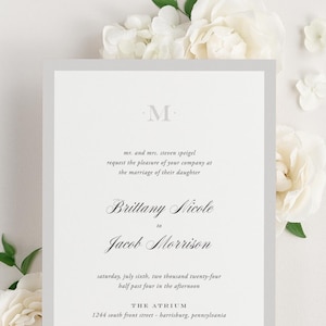 Upscale Monogram Wedding Invitations - Sample - Border Invite, Gray, Neutral, Script, Ribbon, Vellum, Modern, Bordered, Custom Styling