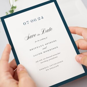 Save the Date Cards: Navy Border, Script Font, Upscale Monogram Design