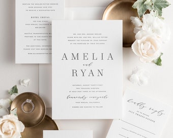 Amelia Letterpress Wedding Invitations - Sample - Large Names, Script, Modern Invite, Classic, Timeless, Gray Wedding, Smoke, Custom Styling