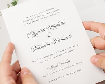 Elizabeth Wedding Invitation - Deposit - Script Invite, Calligraphy, Traditional, Classic, Timeless, Ribbon, Green Wedding, Neutral, Vellum