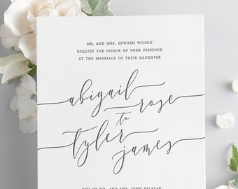 Romantic Calligraphy Letterpress Wedding Invitations - Sample - Script, Ribbon, Vellum, Timeless, Elegant, Large Names, Blue Wedding