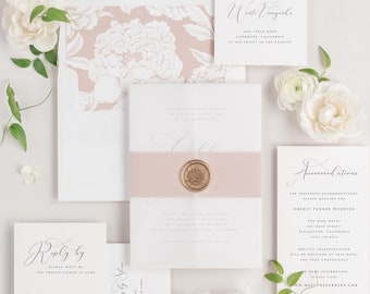 Ophelia Vellum Wedding Invitation - Deposit - Script Invite, Modern, Blush, Rose Gold, Large Names, Modern, Timeless, Classic, Pink, Ribbon