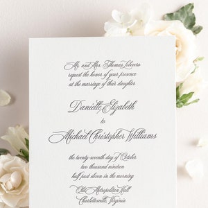 Danielle Letterpress Wedding Invitations - Sample - Script Invite, Calligraphy, Traditional, Classic, Timeless, All Script, Ribbon, Formal