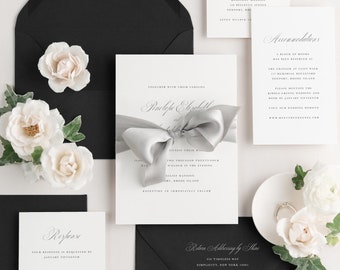 Black and White Wedding Invitation Suite - Penelope - Custom Printed - Ribbon, Vellum, Wax Seals - Traditional Script Font - Deposit