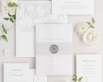 Gemma Vellum Wedding Invitations - Deposit - Modern Invite, Unique Font, Bold, Traditional, Classic, Timeless, Gray Wedding, Ribbon, Grey