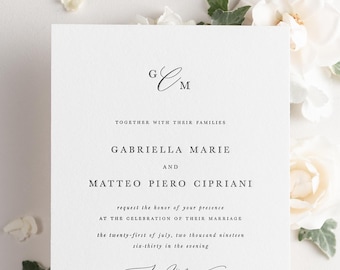 Gabriella Letterpress Wedding Invitations - Sample - Monogram Invite, Calligraphy, Traditional, Classic, Timeless, Ribbon, Neutral, Vellum