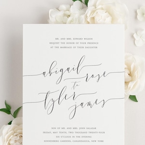 Romantic Calligraphy Wedding Invitations Sample Script, Ribbon, Vellum, Timeless, Elegant, Classic, Blue, Green, Gray, Custom Styling image 1