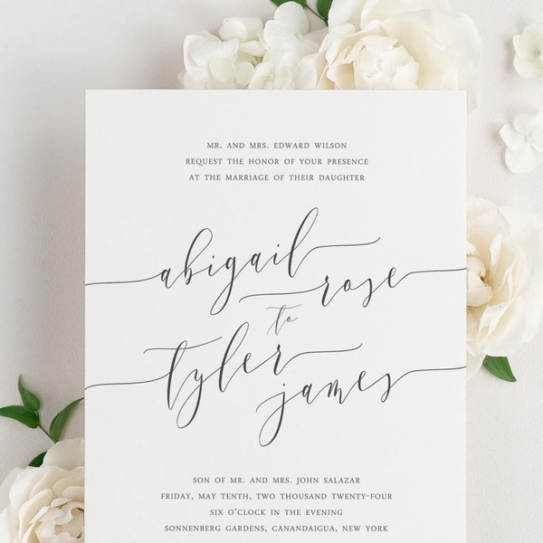 Romantic Calligraphy Wedding Invitations - Sample - Script, Ribbon, Vellum, Timeless, Elegant, Classic, Blue, Green, Gray, Custom Styling