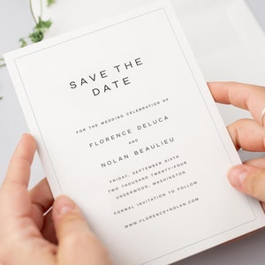 May include: Save the date card for a wedding celebration of Florence Deluca and Nolan Beaulieu. The wedding will take place on Friday, September 6th, 2024 in Underwood, Washington. The card includes the website www.florence+nolan.com for formal invitations.