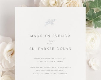 Madelyn Wedding Invitation - Deposit - Script Invite, Serif, Modern, Classic, Timeless, Ribbon, Blue Wedding, Floral Accent, Vellum