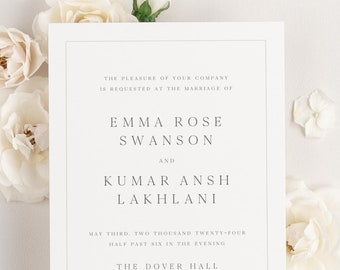 Emma Wedding Invitations - Sample - Border Invite, Modern, Block Font, Neutral, Gray, Greenery, Ribbon, Simple, Formal, Custom Styling, Grey