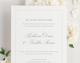 Simply Classic Wedding Invitations - Sample - Script Invite, Elegant, Classic, Timeless, Ribbon, Green, Stone, Border, Custom Styling, Deco