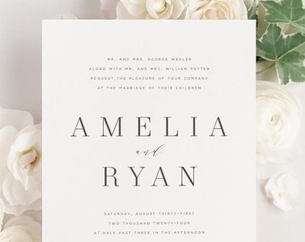 Amelia Wedding Invitations - Sample - Large Names, Calligraphy, Modern Invite, Classic, Timeless, Ribbon, Gray Wedding, Neutral, Vellum