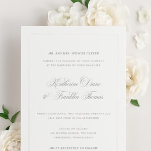 Simply Classic Wedding Invitations Sample Script Invite, Elegant, Classic, Timeless, Ribbon, Green, Stone, Border, Custom Styling, Deco image 1