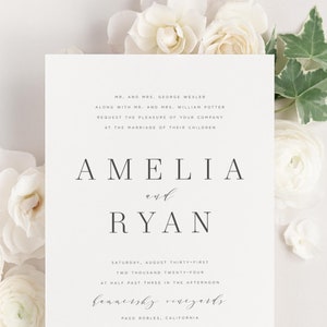 Amelia Wedding Invitations Sample Large Names, Script, Modern Invite, Classic, Timeless, Ribbon, Gray Wedding, Neutral, Custom Styling image 2