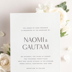 Naomi Letterpress Wedding Invitations Sample Modern Invite, Large Names, Classic, Timeless, Blue, Ribbon, Bold, Pastel Wedding, Vellum image 1