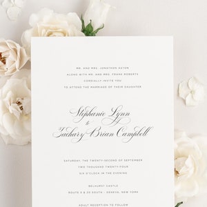 Delicate Elegance Wedding Invitations - Sample - Script Invite, Calligraphy, Traditional, Classic, Timeless, Ribbon, Green, Custom Styling