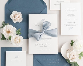 Blue Wedding - Madelyn Ribbon Wedding Invitation - Deposit - Script Invite, Timeless, Classic, Vellum, Script, Simple, Serif, Floral Accent