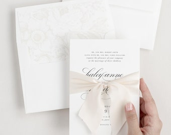 Haley Ribbon Wedding Invitations - Deposit - Script Invite, Timeless, Classic, Calligraphy, Vellum, Large Names, Pink, Blush, Rose Gold