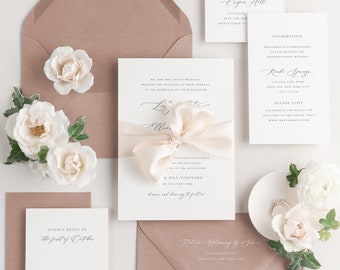 Rose Gold Wedding - Lily Ribbon Wedding Invitation - Deposit - Script Invite, Timeless, Classic, Romantic, Vellum, Simple, Calligraphy