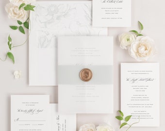 Delicate Elegance Vellum Wedding Invitations - Deposit - Script Invite, Calligraphy, Traditional, Classic, Timeless, Gray Wedding, Ribbon