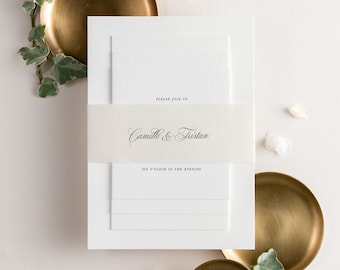 Camille Letterpress Wedding Invitations - Sample - Script Invite, Traditional, Classic, Timeless, Ribbon, Neutral, Custom Styling, Cream