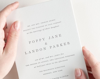 Poppy Letterpress Wedding Invitations - Sample - Simple Invite, Serif, Large Names, Classic, Timeless, Ribbon, Neutral, Custom Styling