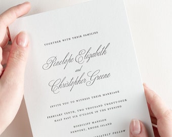 Penelope Letterpress Wedding Invitations - Sample - Script Invite, Large Names, Timeless, Traditional, Classic, Formal, Calligraphy, Simple