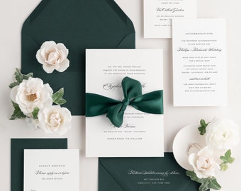 Dark Green Wedding Invitation | Custom Printed | Botanical Green Ribbon | Traditional Script | Wax Seals | Elizabeth Collection | Deposit