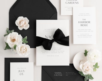 Black and White Wedding Invitations | Modern Block Font | Ribbon, Bow | Black Wedding Invite | Black Envelopes | Black Tie | Naomi | Deposit