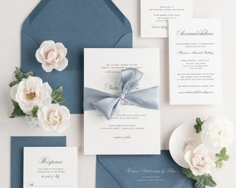 Blue Wedding Invitations | Dusty Blue Wedding Invite | Ribbon, Vellum, Wax Seals | Classic Script | Custom Designed & Printed | Deposit