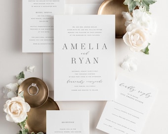 Amelia Letterpress Wedding Invitations - Sample - Large Names, Script, Modern Invite, Classic, Timeless, Gray Wedding, Smoke, Custom Styling
