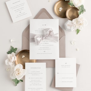 Monogram Wedding Invitations: Tan Ribbon, Vellum, Aurora Design