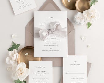 Monogram Wedding Invitations: Tan Ribbon, Vellum, Aurora Design