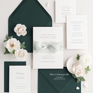 Simply Classic Wedding Invitations Sample Script Invite, Elegant, Classic, Timeless, Ribbon, Green, Stone, Border, Custom Styling, Deco image 4