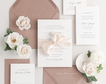 Rose Gold Wedding Invitation Suite: Classic Calligraphy, Lily Design