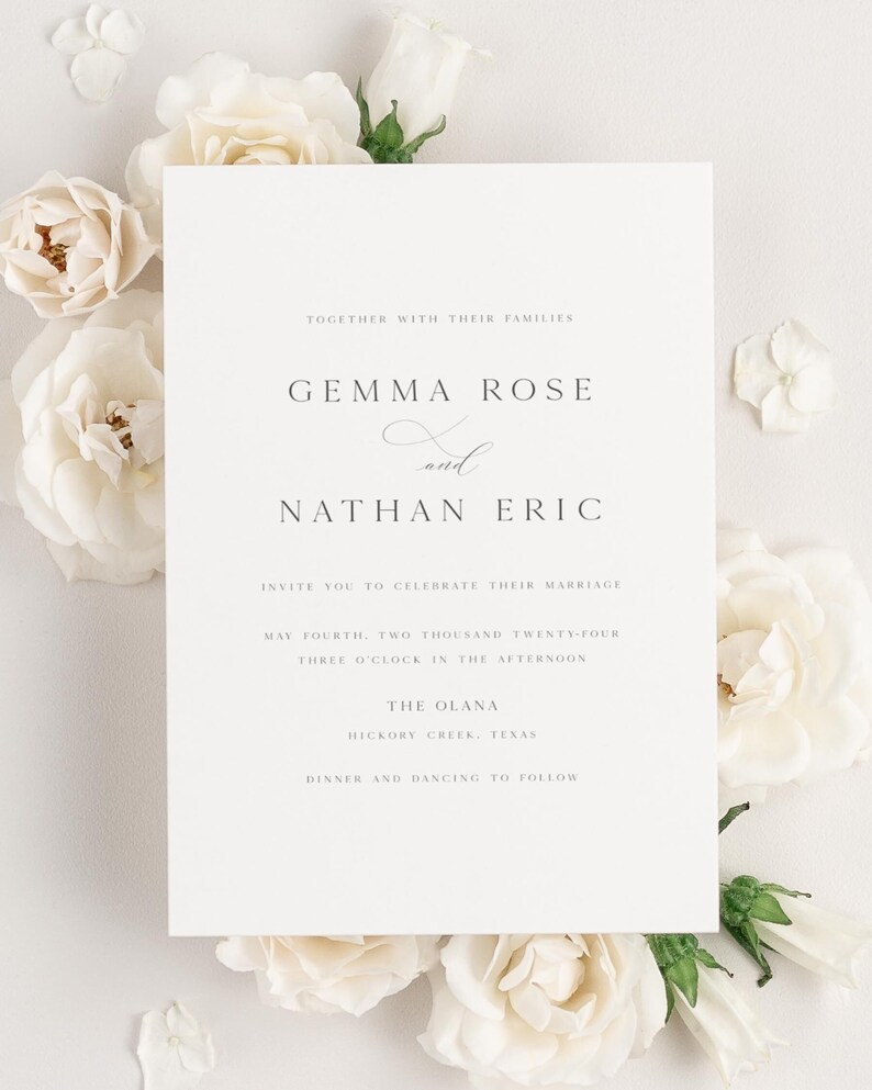Gemma Wedding Invitations Sample Simple Invite, Large Names, Traditional, Classic, Timeless, Ribbon, Grey, Pink, Blush, Custom Styling image 2