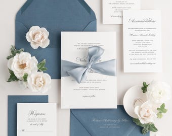 Blue Wedding Invitations - Deposit | Dusty Blue Wedding Invite | Ribbon, Vellum, Wax Seals | Classic Script | Custom Designed & Printed |