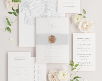 Sloan Wedding Invitations - Sample - Monogram Invite, Timeless, Classic, Ribbon, Vellum, Script, Calligraphy, Neutral, Custom Styling, Blue