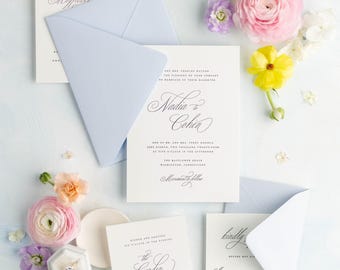 Light Blue Wedding Invitations: Custom Printed Nadia Design