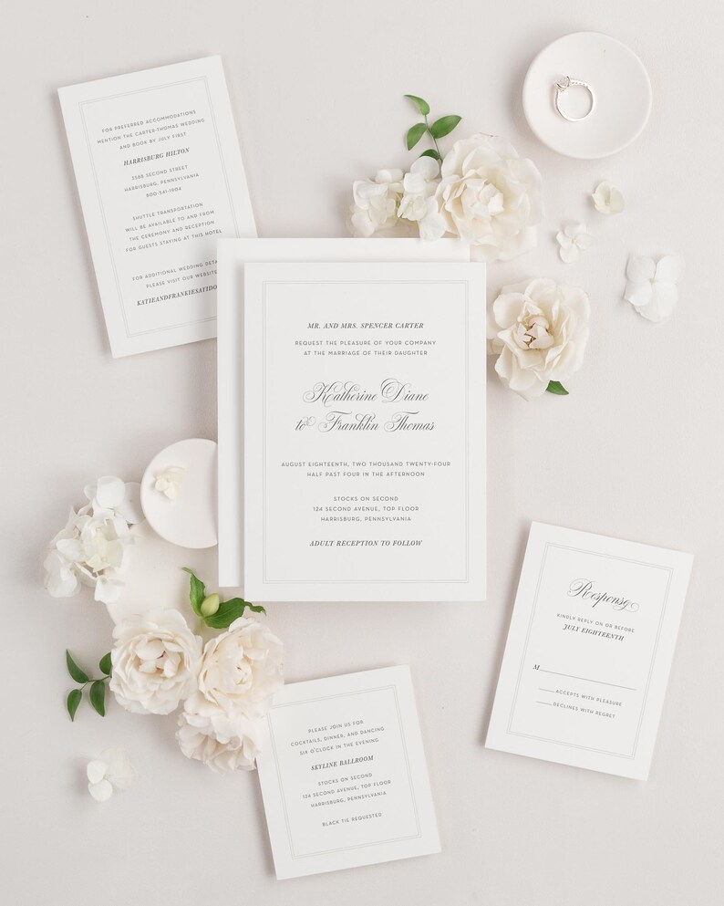 Simply Classic Wedding Invitations Deposit Script Invite, Calligraphy, Traditional, Classic, Timeless, Ribbon, Neutral Wedding, Border imagen 2