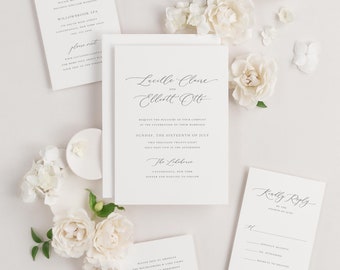 Lucille Wedding Invitation - Deposit - Script Invite, Calligraphy, Traditional, Classic, Timeless, Ribbon, Grey Wedding, Neutral, Vellum