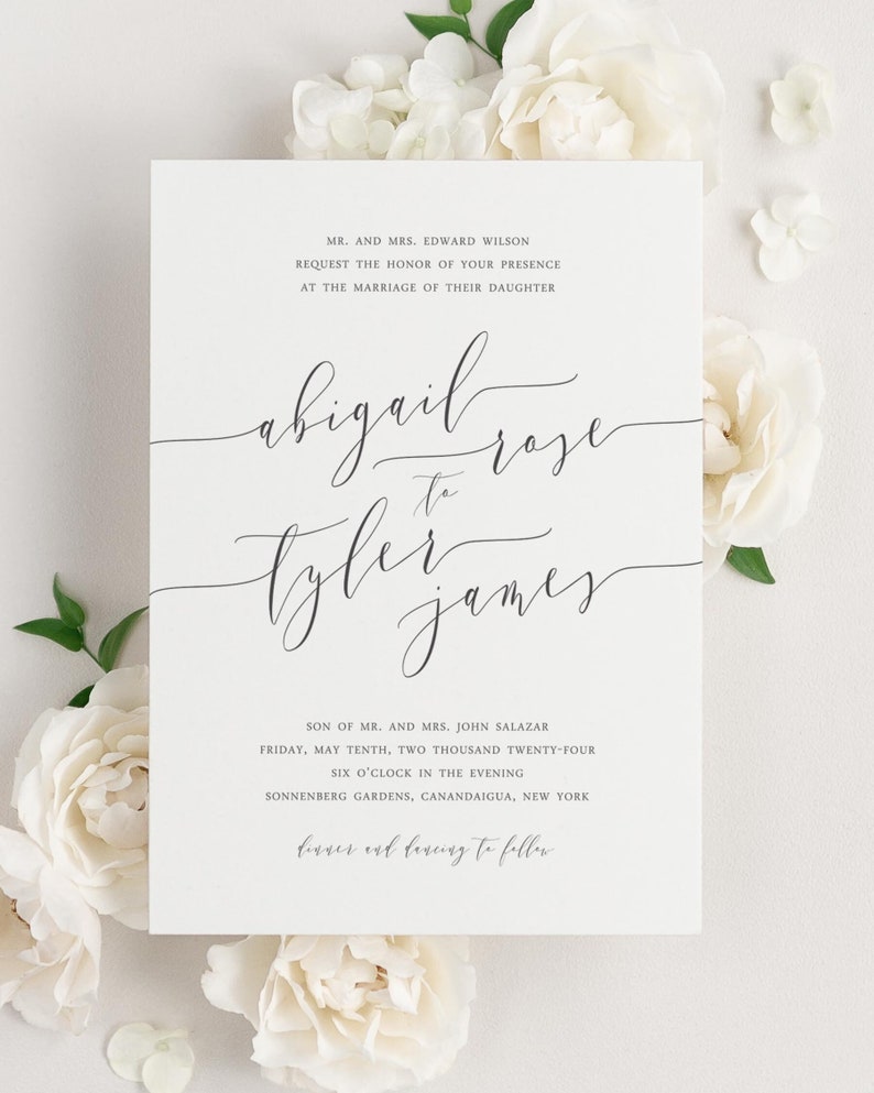 Romantic Calligraphy Wedding Invitations Sample Script, Ribbon, Vellum, Timeless, Elegant, Classic, Blue, Green, Gray, Custom Styling image 1