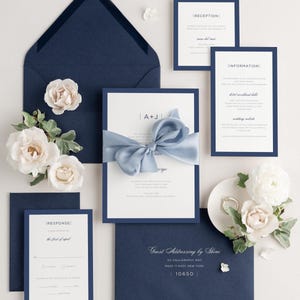 Navy Blue Wedding Invitation: Modern Monogram, Dark Blue Envelopes