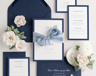 Navy Blue Wedding Invitation | Dark Blue Envelopes | Modern Monogram & Border | Dark Blue Wedding Invite | Sophisticated Modern |