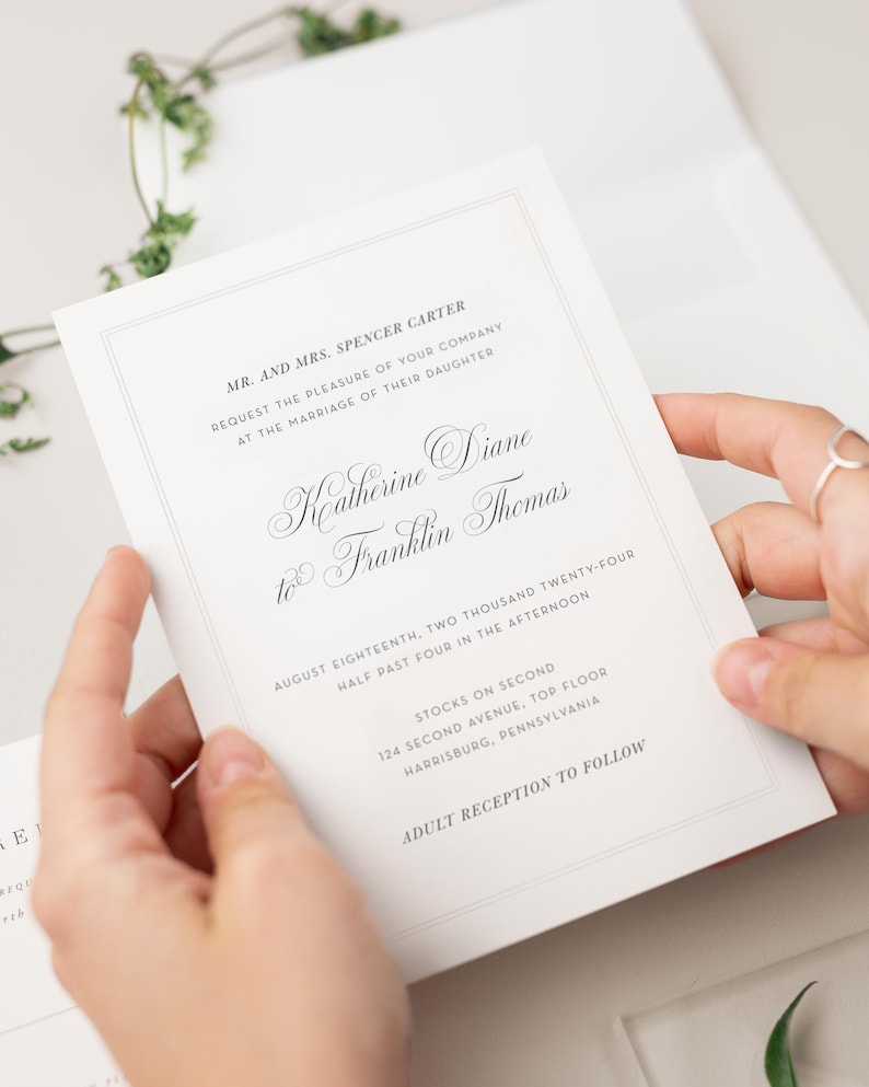 Simply Classic Wedding Invitations Deposit Script Invite, Calligraphy, Traditional, Classic, Timeless, Ribbon, Neutral Wedding, Border imagen 1