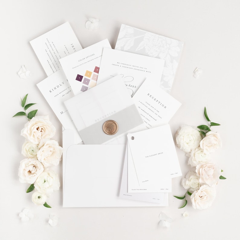 Gemma Wedding Invitations Sample Simple Invite, Large Names, Traditional, Classic, Timeless, Ribbon, Grey, Pink, Blush, Custom Styling image 3
